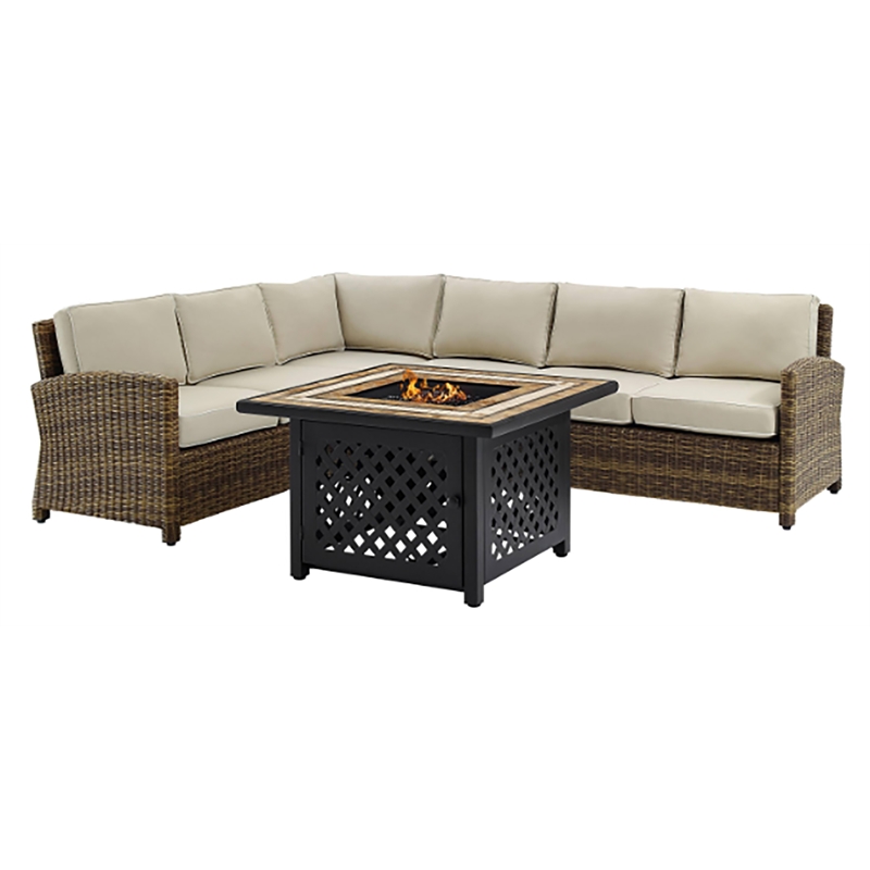 Crosley Furniture Bradenton 5 Pc Fabric Fire Pit Sectional Set in Brown/Sand