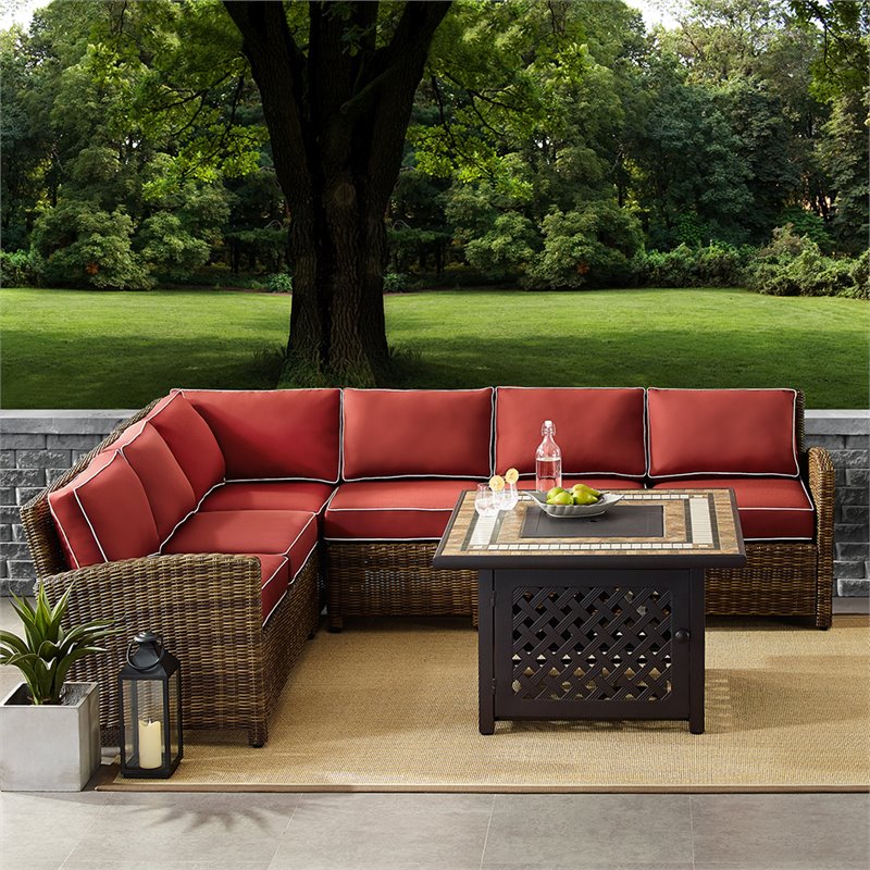 Crosley Furniture Bradenton 5 Piece Fabric Fire Pit Sectional Set in Brown/Red