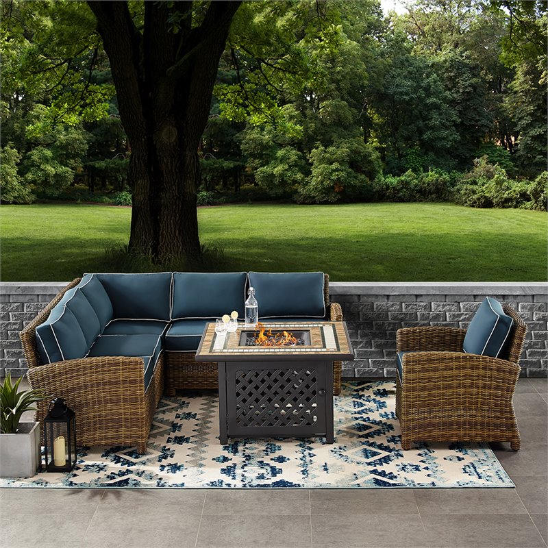 Crosley Furniture Bradenton 5 Piece Fabric Fire Pit Sectional Set in Brown/Navy