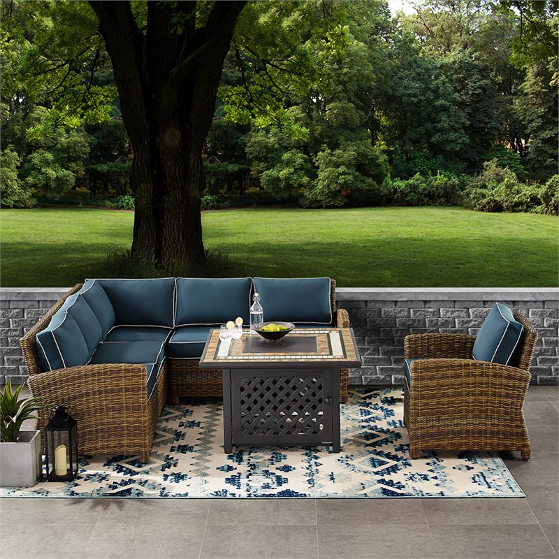 Crosley Furniture Bradenton 5 Piece Fabric Fire Pit Sectional Set in Brown/Navy