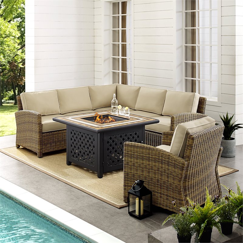 Crosley Furniture Bradenton 5Pc Fabric Fire Pit Sectional Set in Brown/Sand
