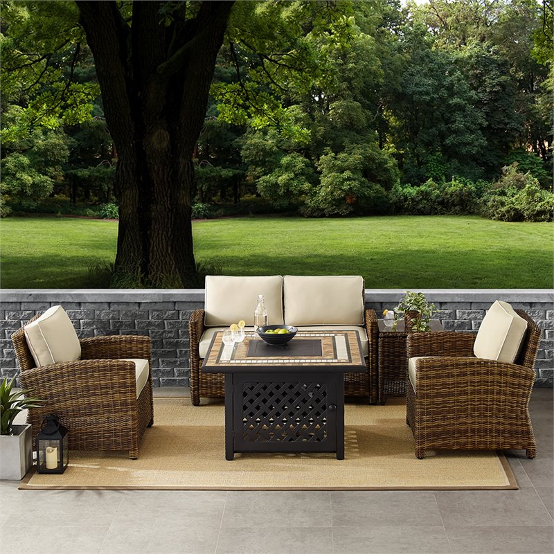 Crosley Furniture Bradenton 5 Piece Patio Fabric Fire Pit Sofa Set in Brown/Sand
