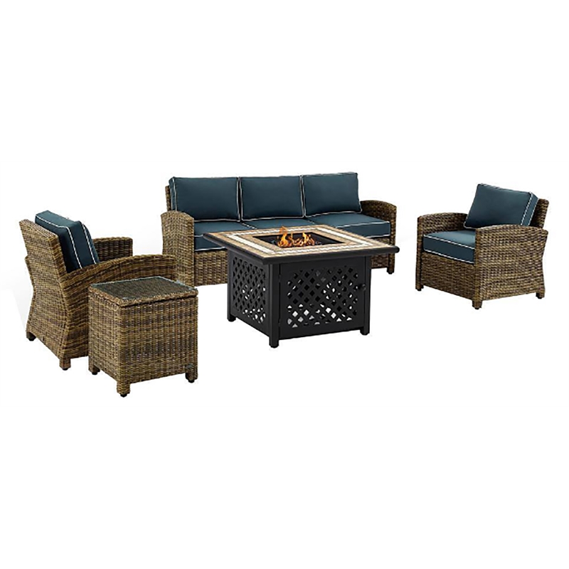 Crosley Furniture Bradenton 5Pc Patio Fabric Fire Pit Sofa Set in Brown and Navy