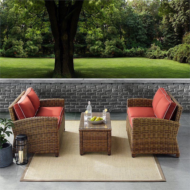 Crosley Furniture Bradenton 3Pc Patio Fabric Sofa Set in Brown and Sangria Red