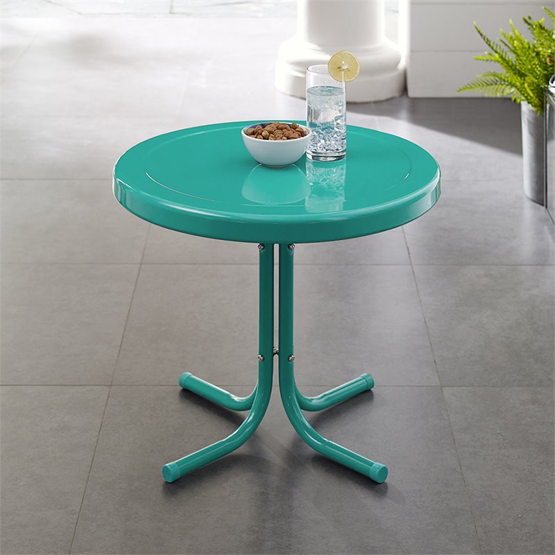Crosley Furniture Retro Metal Patio End Table in Turquoise Gloss