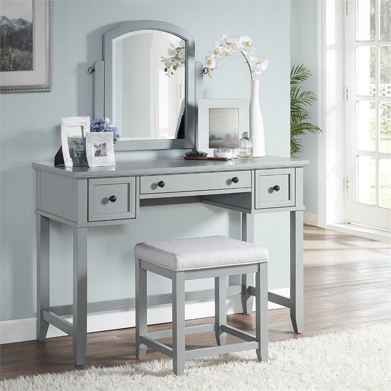 Crosley Furniture Vista Wood Linen Vanity Stool in Dove Gray/Cream