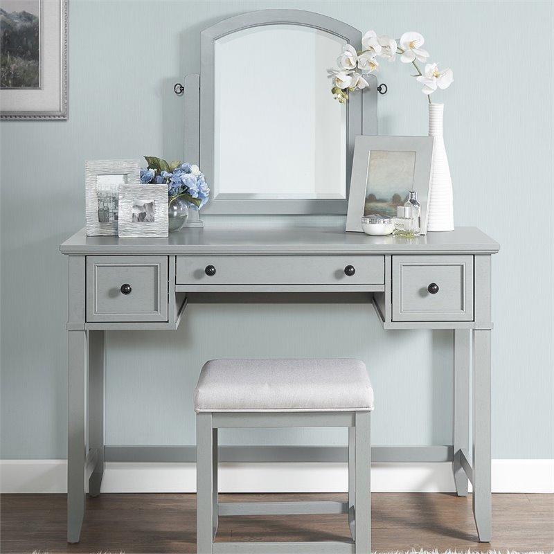 Crosley Furniture Vista Wood Linen Vanity Stool in Dove Gray/Cream
