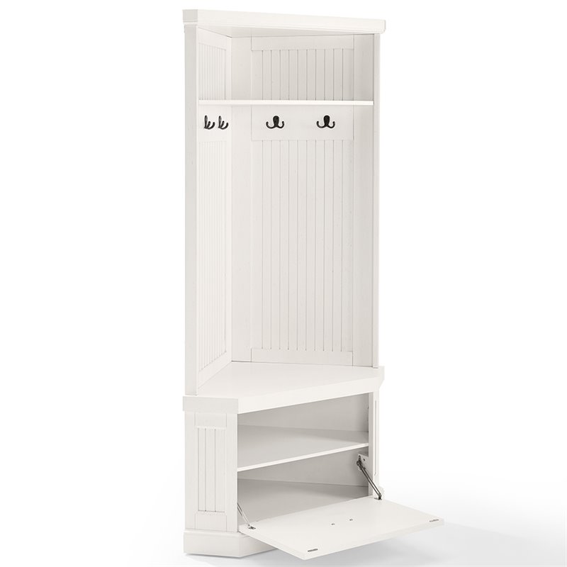 Crosley Furniture Seaside 4 Hook Wood Corner Hall Tree in Distressed White