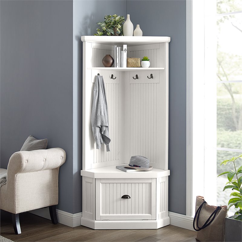 Crosley Furniture Seaside 4 Hook Wood Corner Hall Tree in Distressed White
