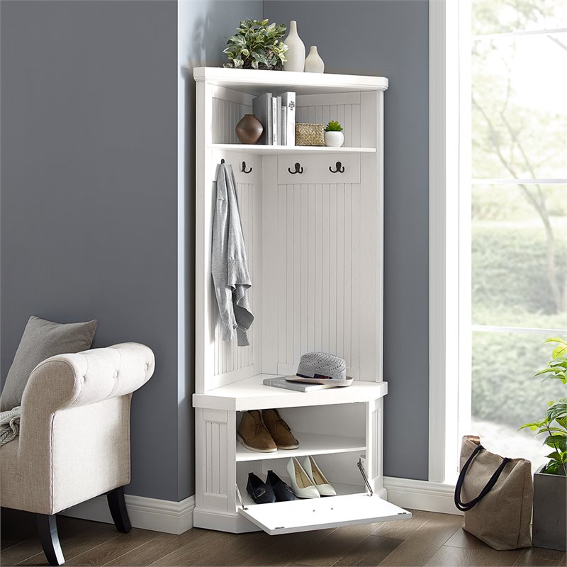 Crosley Furniture Seaside 4 Hook Wood Corner Hall Tree in Distressed White