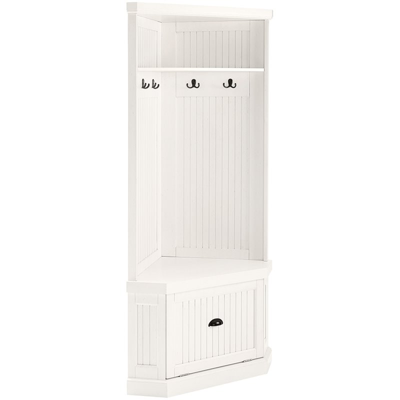 Crosley Furniture Seaside 4 Hook Wood Corner Hall Tree in Distressed White