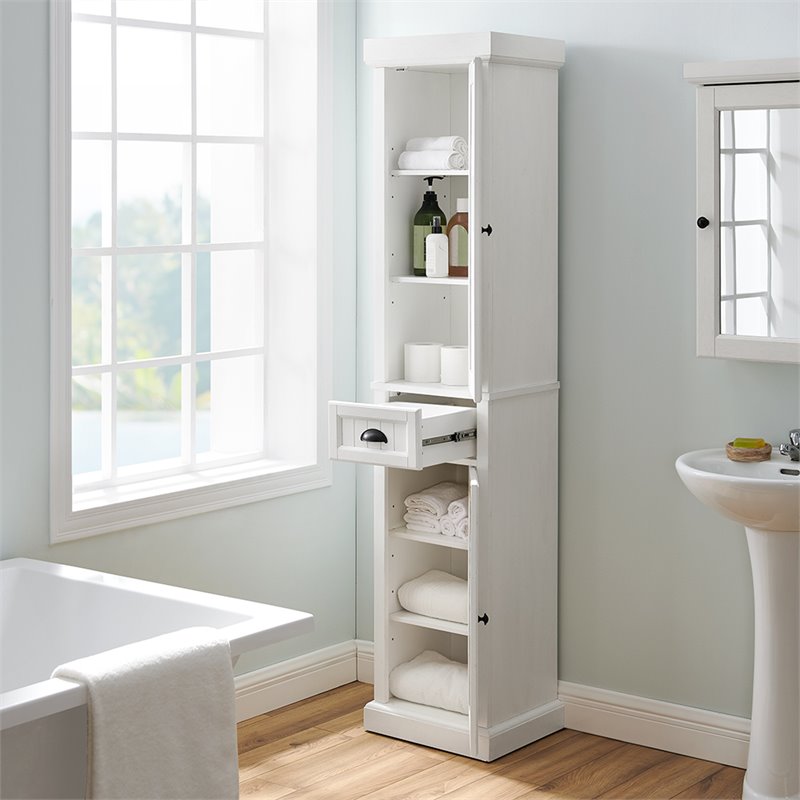 Crosley Furniture Seaside 2 Drawer Wood Linen Cabinet in Distressed White
