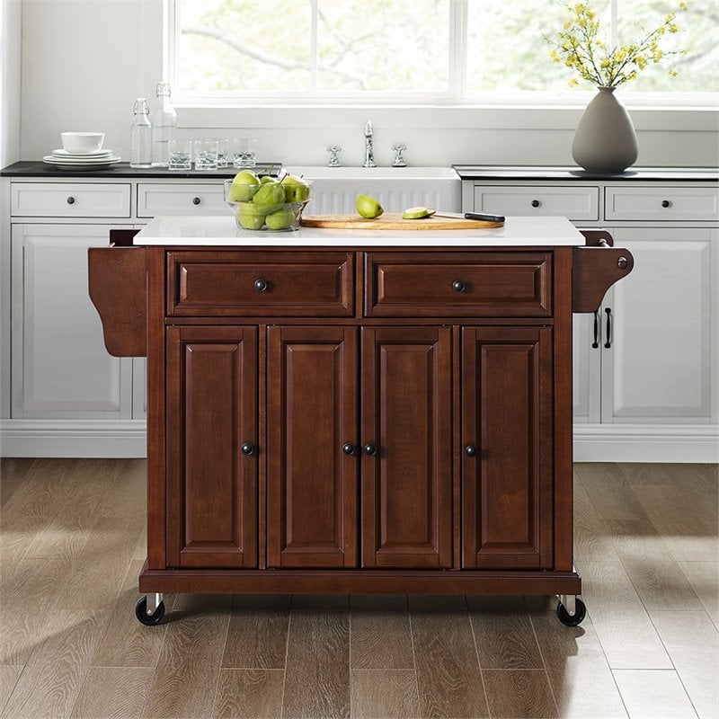 Crosley Furniture Wood Granite Top Kitchen Cart in Mahogany/White