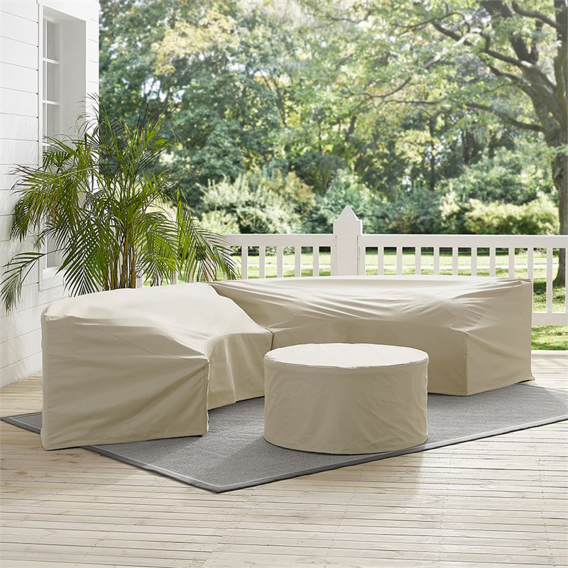 Crosley Furniture Catalina 3Pc Vinyl Curved Sectional Sofa Cover Set in Tan