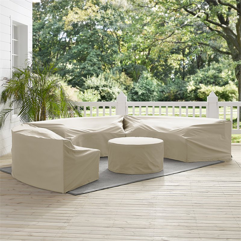 Crosley Furniture Catalina 4Pc Vinyl Curved Sectional Sofa Cover Set in Tan