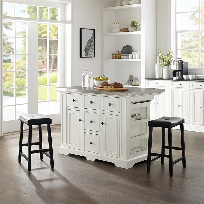 Crosley Furniture Julia Metal Top Kitchen Island with Saddle Stools in White