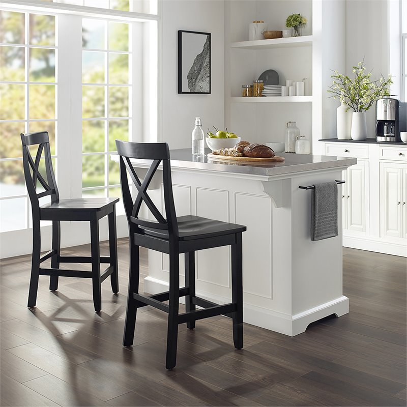 Crosley Furniture Julia Metal/Wood Kitchen Island with X Back Stools in White