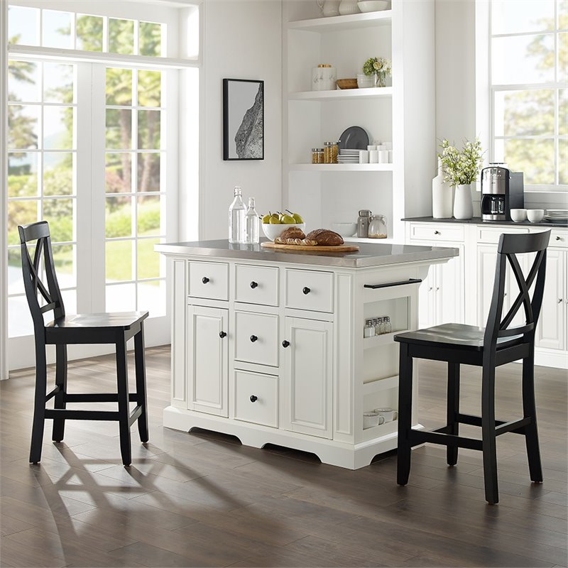 Crosley Furniture Julia Metal/Wood Kitchen Island with X Back Stools in White