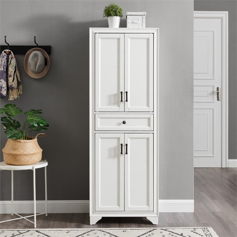 Crosley Furniture Tara Wood 4 Door Pantry in Distressed White/Black
