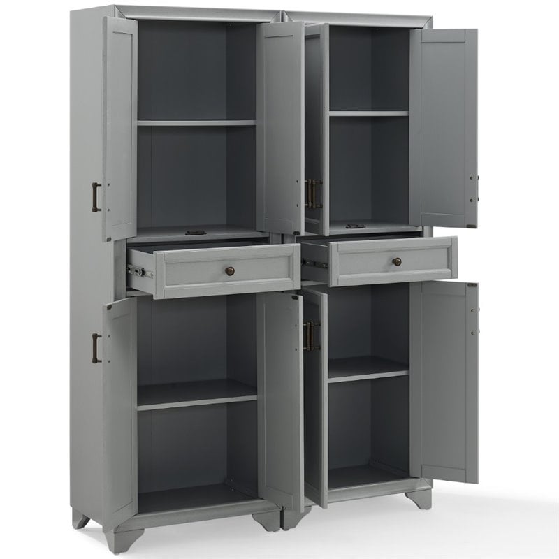 Crosley Furniture Tara Wood 4 Door Pantry Set in Distressed Gray (Set of 2)