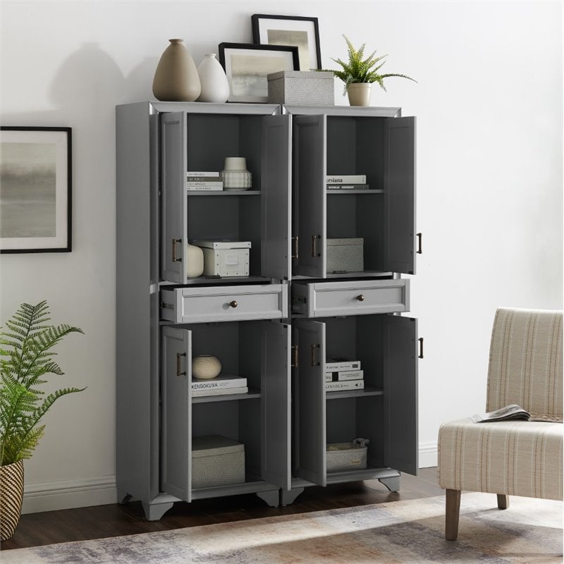 Crosley Furniture Tara Wood 4 Door Pantry Set in Distressed Gray (Set of 2)