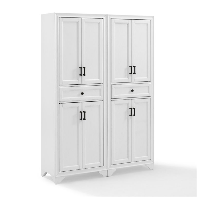 Crosley Furniture Tara Wood 4 Door Pantry Set in Distressed White (Set of 2)