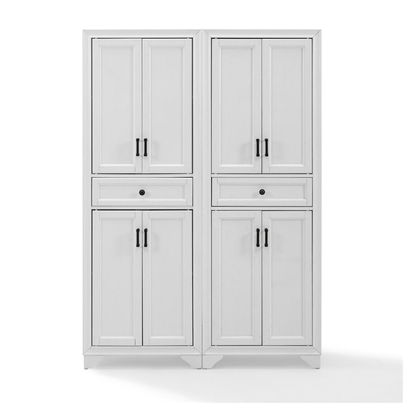 Crosley Furniture Tara Wood 4 Door Pantry Set in Distressed White (Set of 2)
