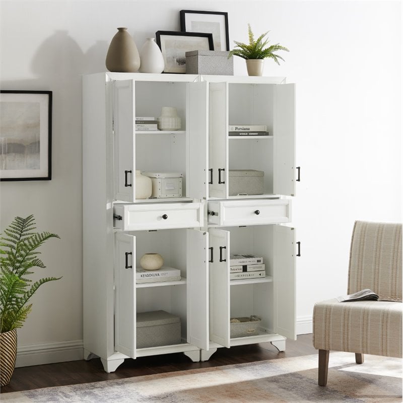 Crosley Furniture Tara Wood 4 Door Pantry Set in Distressed White (Set of 2)