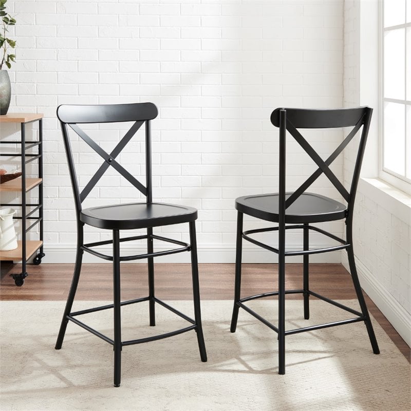 Crosley Furniture Camille 2 Piece Metal Counter Stool Set in Matte Black