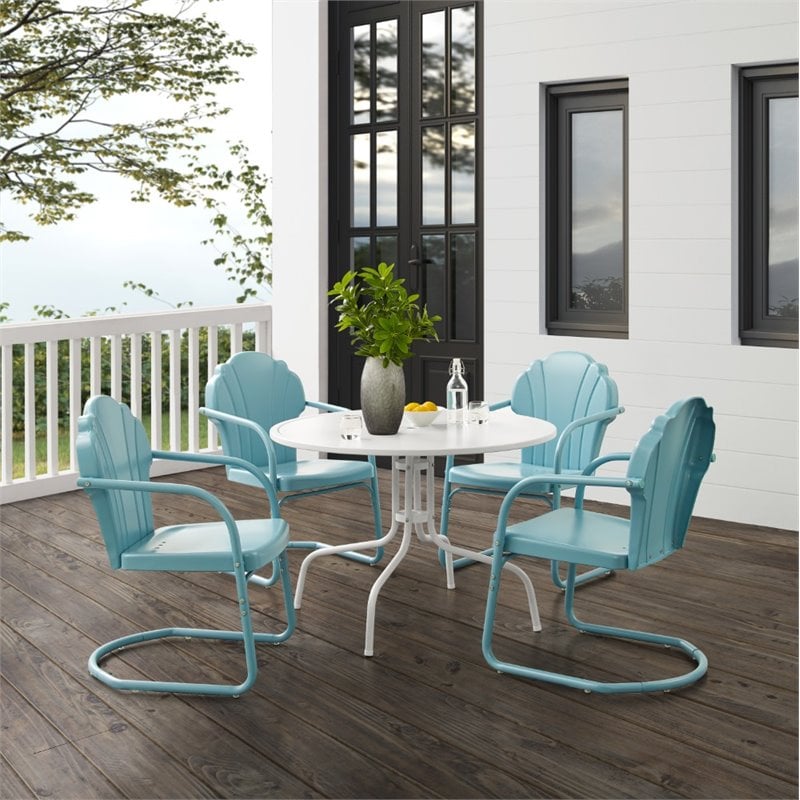 Crosley Furniture Tulip 5 Piece Metal Outdoor Dining Set in Light Blue/White