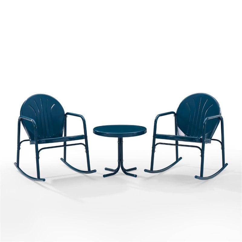 Crosley Furniture Griffith 3 Piece Metal Outdoor Rocking Chair Set in Navy Gloss