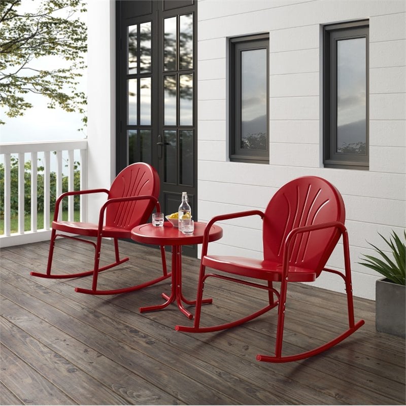 Crosley Furniture Griffith 3 Piece Metal Outdoor Rocking Chair Set in Bright Red