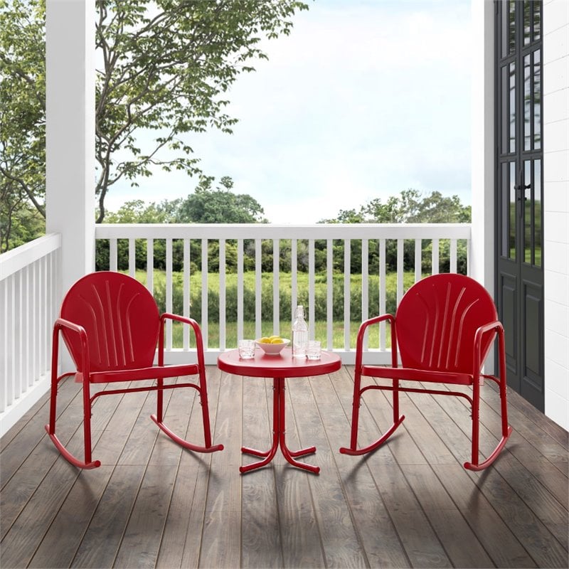 Crosley Furniture Griffith 3 Piece Metal Outdoor Rocking Chair Set in Bright Red