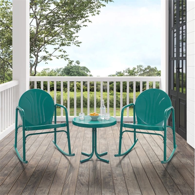 Crosley Furniture Griffith 3 Piece Metal Outdoor Rocking Chair Set in Turquoise