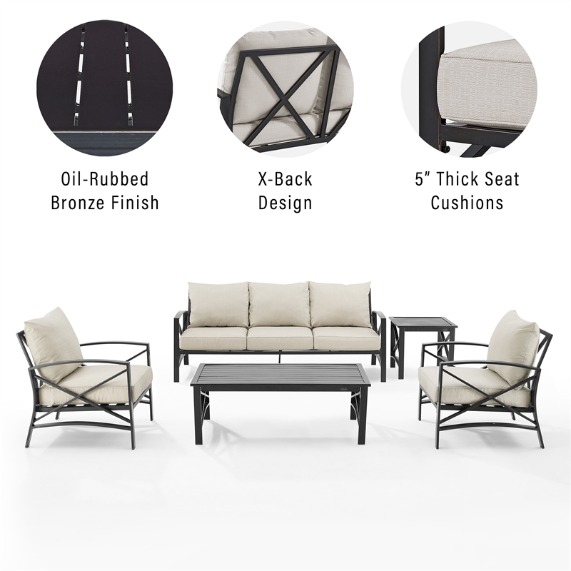 Crosley Furniture Kaplan 5 Piece Metal Outdoor Sofa Set in Oatmeal