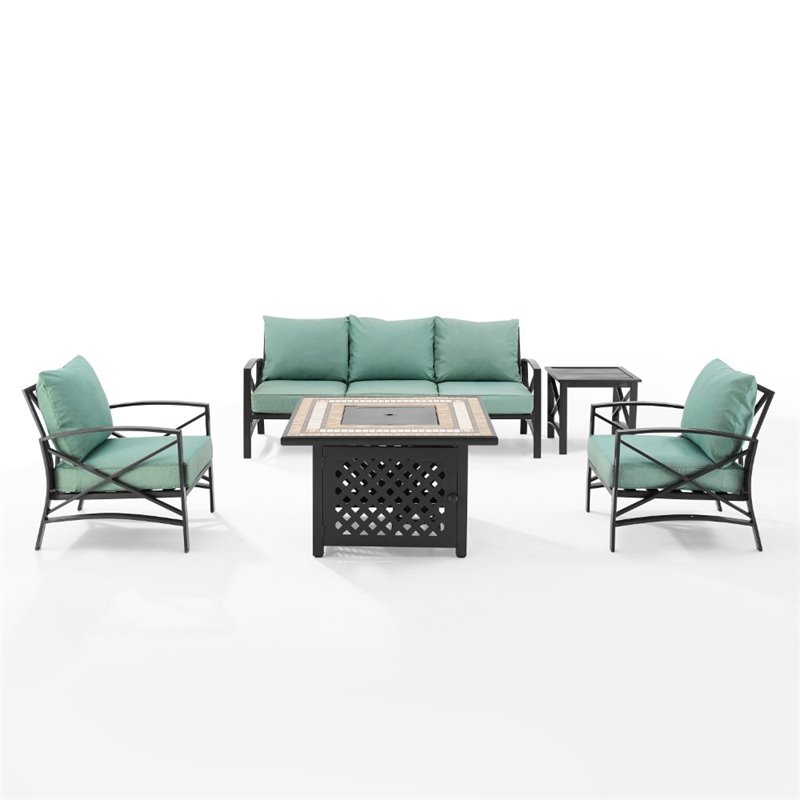 Crosley Furniture Kaplan 5Pc Metal Outdoor Sofa Set & Fire Table in Mist Green