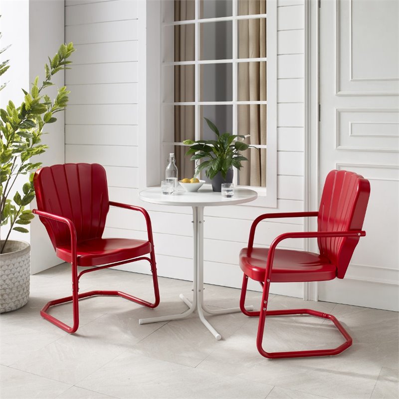 Crosley Furniture Ridgeland 3 Piece Metal Outdoor Bistro Set in Bright Red Gloss