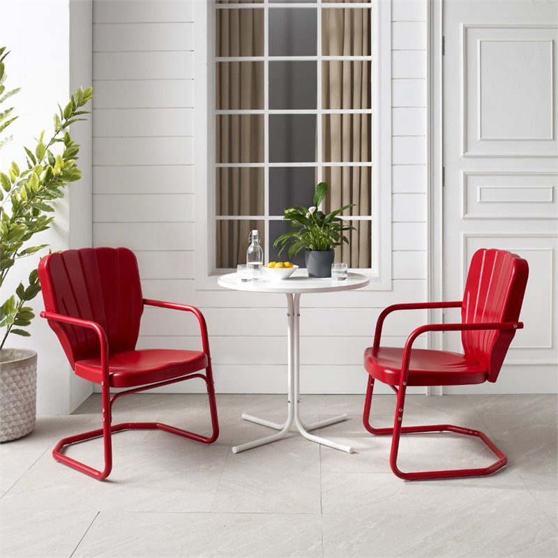 Crosley Furniture Ridgeland 3 Piece Metal Outdoor Bistro Set in Bright Red Gloss