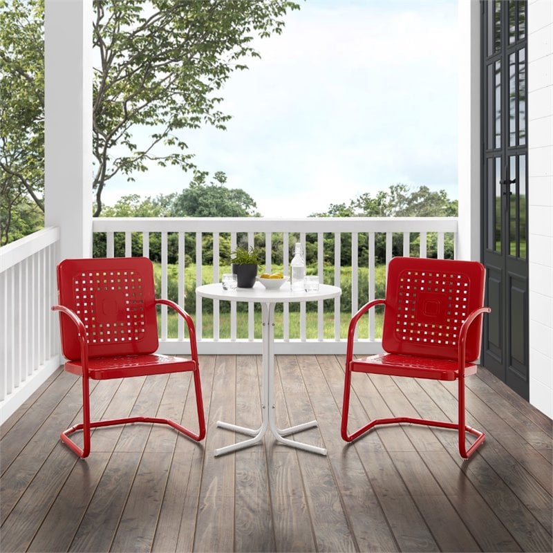 Crosley Furniture Bates 3 Piece Metal Outdoor Bistro Set in Bright Red Gloss
