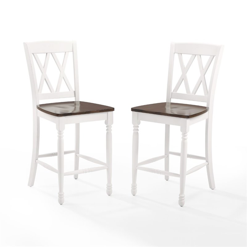 Crosley Furniture Shelby Wood Counter Stool in Distressed White/Brown (Set of 2)