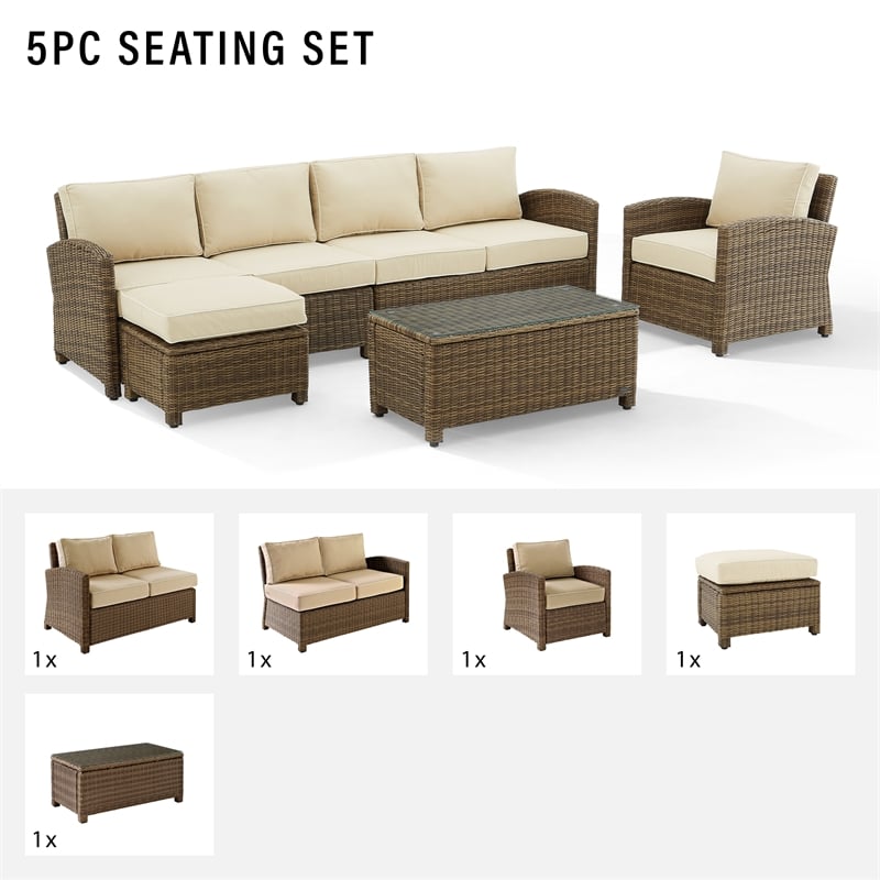 Crosley Furniture Bradenton 5-piece Fabric Outdoor Sectional Set in Sand/Brown