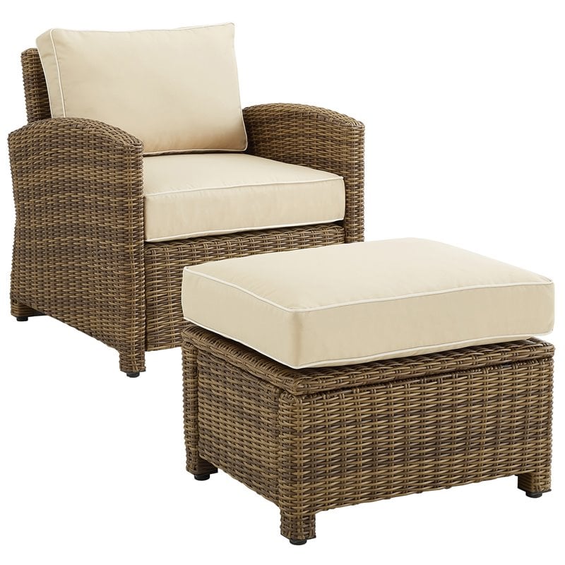 Crosley Furniture Bradenton 2PC Wicker / Rattan Armchair & Ottoman in Sand/Brown