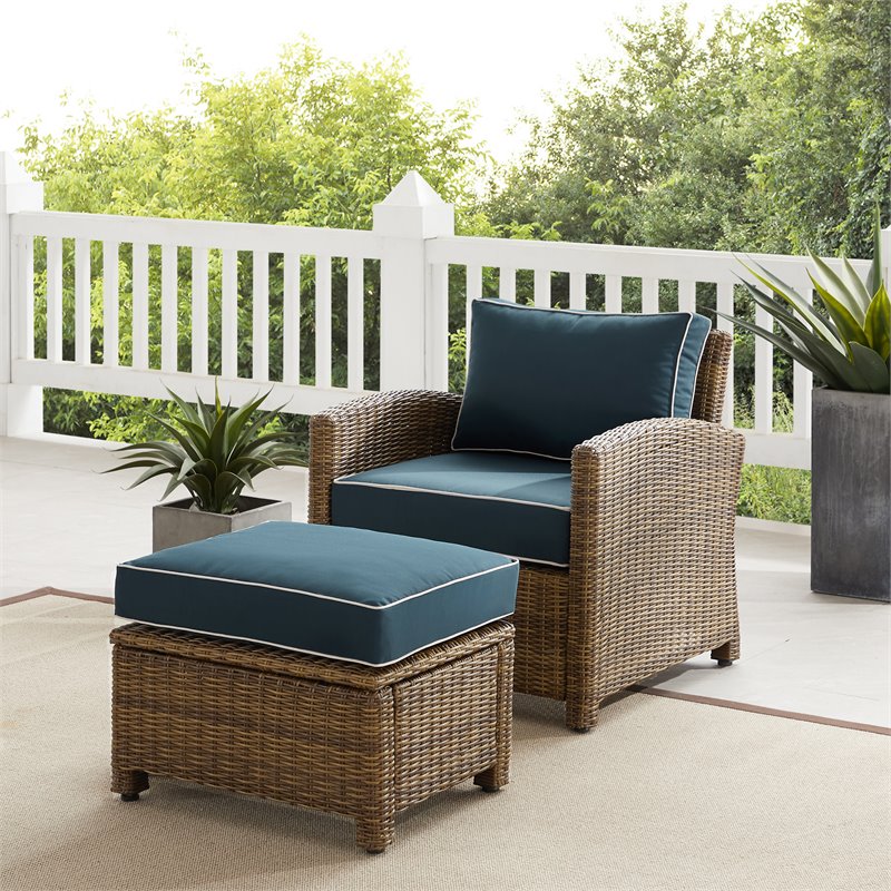 Crosley Furniture Bradenton 2PC Wicker / Rattan Armchair & Ottoman in Navy/Brown