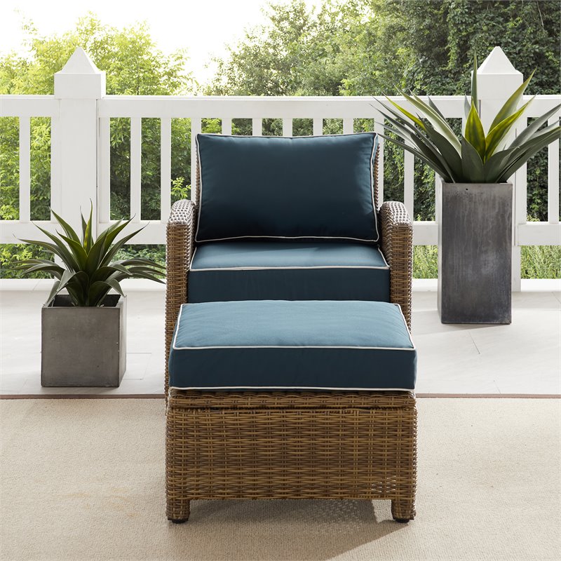 Crosley Furniture Bradenton 2PC Wicker / Rattan Armchair & Ottoman in Navy/Brown