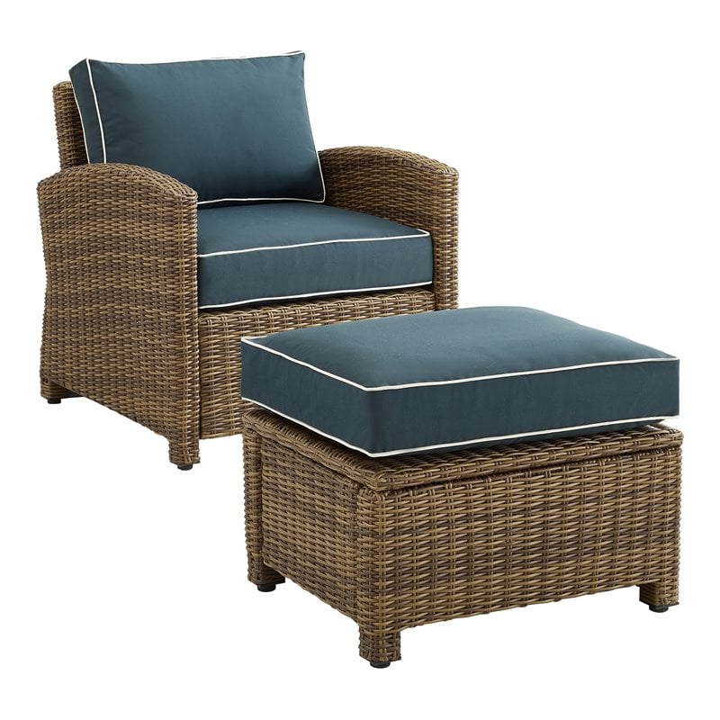 Crosley Furniture Bradenton 2PC Wicker / Rattan Armchair & Ottoman in Navy/Brown
