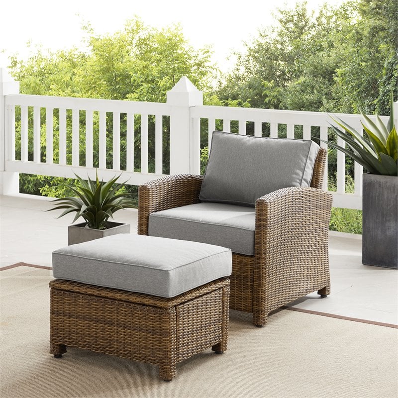 Crosley Furniture Bradenton 2PC Wicker / Rattan Armchair & Ottoman in Gray/Brown