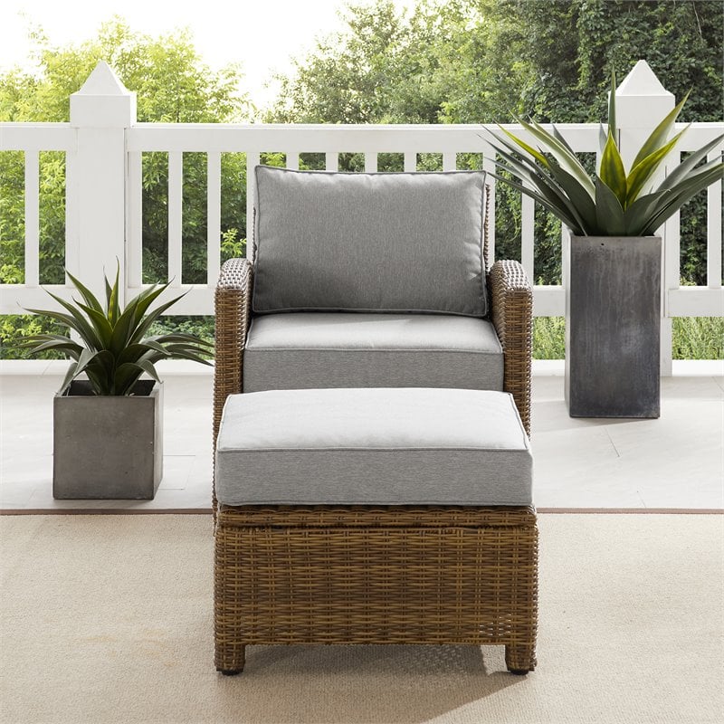 Crosley Furniture Bradenton 2PC Wicker / Rattan Armchair & Ottoman in Gray/Brown
