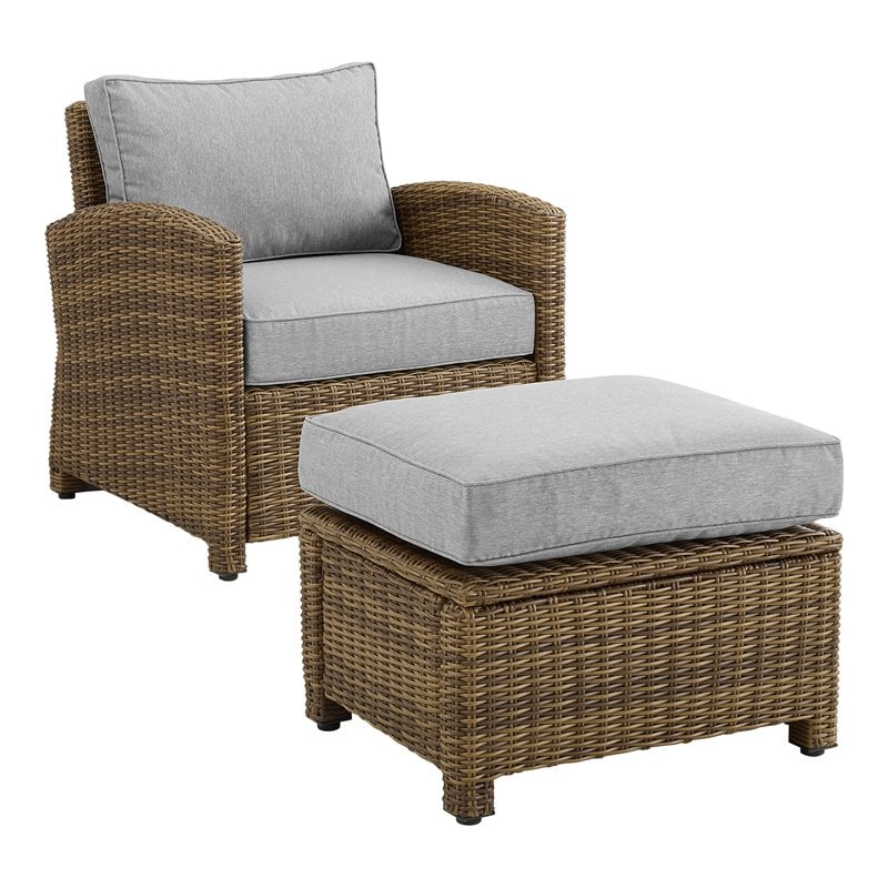 Crosley Furniture Bradenton 2PC Wicker / Rattan Armchair & Ottoman in Gray/Brown