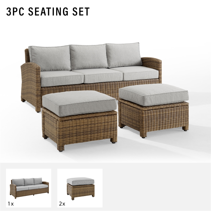 Crosley Furniture Bradenton 3-piece Fabric Outdoor Sofa Set in Gray/Brown