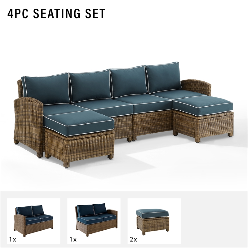 Crosley Furniture Bradenton 4Pc Outdoor Fabric Sectional Set in Navy & Brown